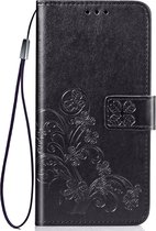 Klavertje vier Embossed Buckle Bescherming voor mobiele telefoons Leren tas met sleutelkoord en kaartsleuf en portemonnee en beugelfunctie voor Xiaomi CC9e (zwart)