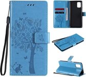 Voor Samsung Galaxy M31s Tree & Cat Pattern Pressed Printing Horizontale Flip PU lederen tas met houder & kaartsleuven & portemonnee & lanyard (blauw)