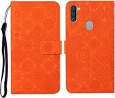 Voor Samsung Galaxy M11 etnische stijl reliëf patroon horizontale flip lederen tas met houder & kaartsleuven & portemonnee & lanyard (oranje)