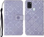 Voor Samsung Galaxy A21s etnische stijl reliëf patroon horizontale flip lederen tas met houder & kaartsleuven & portemonnee & lanyard (paars)