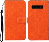 Voor Samsung Galaxy S10 + etnische stijl reliëf patroon horizontale flip lederen tas met houder & kaartsleuven & portemonnee & lanyard (oranje)