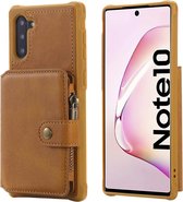 Voor Galaxy Note 10 gesp rits schokbestendige beschermhoes met houder & kaartsleuven & portemonnee & lanyard & fotolijsten (bruin)