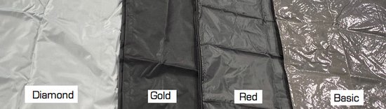 Vier stoffen stalen, met de labels 'Diamond', 'Gold', 'Red' en 'Basic' eronder.