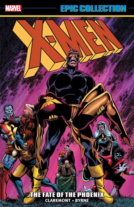 X-Men Epic Collection: The Fate of the Phoenix. Cyclops draagt een bewusteloze Jean Grey, omringd door Colossus, Storm, Nightcrawler en Professor X.