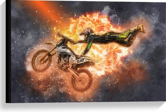 Canvas - Tekening Motorcross - Foto op Canvas Schilderij (Wanddecoratie op Canvas)