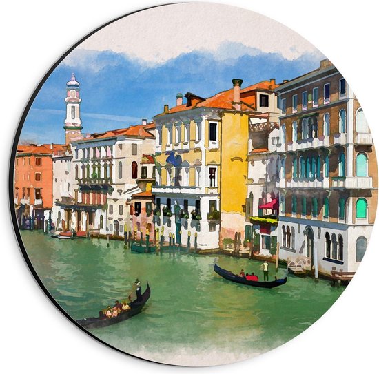 Dibond Wandcirkel - Schilderij van Huisjes aan het Water in Venetië - 20x20cm Foto op Aluminium Wandcirkel (met ophangsysteem)