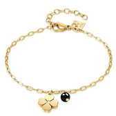 Twice As Nice Armband in goudkleurig edelstaal, klaver en onyx  16 cm+3 cm