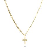Twice As Nice Halsketting in goudkleurig edelstaal, kruis met witte kristallen  35 cm+5 cm