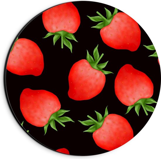 Dibond Wandcirkel - Patroon  van Rode Aardbeien op Zwarte Achtergrond - 20x20cm Foto op Aluminium Wandcirkel (met ophangsysteem)
