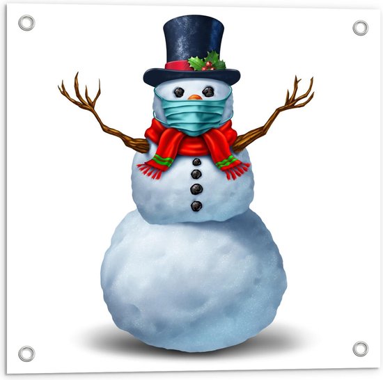 Tuinposter – Cartoon van Sneeuwpop met Mondkapje - 50x50cm Foto op Tuinposter  (wanddecoratie voor buiten en binnen)