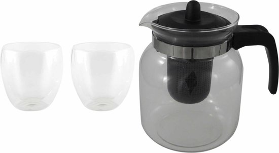 Glazen theepot zwart met filter van 1,5 liter met 2x stuks dubbelwandige  theeglazen... | bol.com