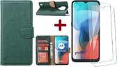 Moto E7 hoesje - Moto E7 wallet case portemonnee - Moto E7 bookcase cover Groen met - Moto E7 screenprotector / 2 pack tempered glass
