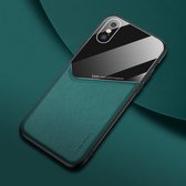 Voor iPhone XS Max All-inclusive lederen + organische glazen telefoonhoes met metalen ijzeren plaat (groen)