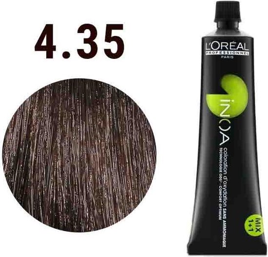 L'Oréal Professionnel INOA tube naast een cirkel met haarlok in kleur 4.35 bruin.
