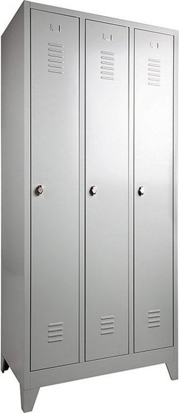 Armoire avec étagères dans toutes les colonnes Nombre de portes 2 Nombre d'étagères 8 Largeur 60CM Hauteur 180CM Couleur cadre Gris clair (Ral 7035) Type de pied Sur socle Serrure Avec fermeture à oeillet