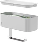 Porte-rouleau toilette blanc avec bac de rangement amovible et porte-rouleau chromé.