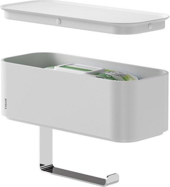 Porte-rouleau toilette blanc avec bac de rangement amovible et porte-rouleau chromé.