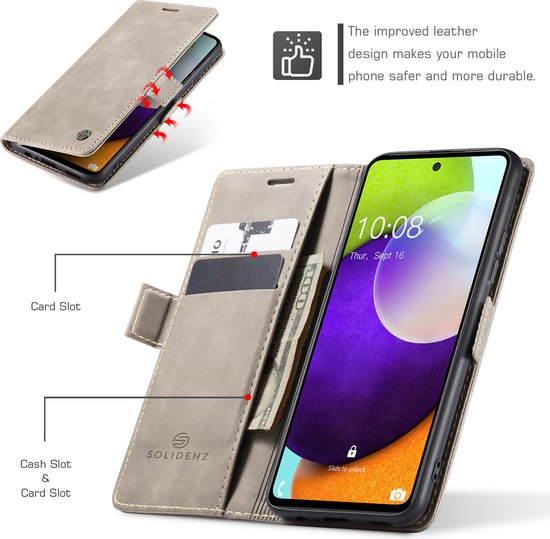 Beige PU leren telefoonhoesje, open met aangegeven kaarten- en geldvakken. Een telefoon is geplaatst met het scherm aan.