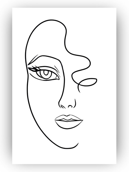 Gezicht vrouw schilderij 40x60 cm - Schilderij op canvas - Zwart wit wanddecoratie - Lijntekening - Line art - Minimalistische schilderij - Slaapkamer decoratie