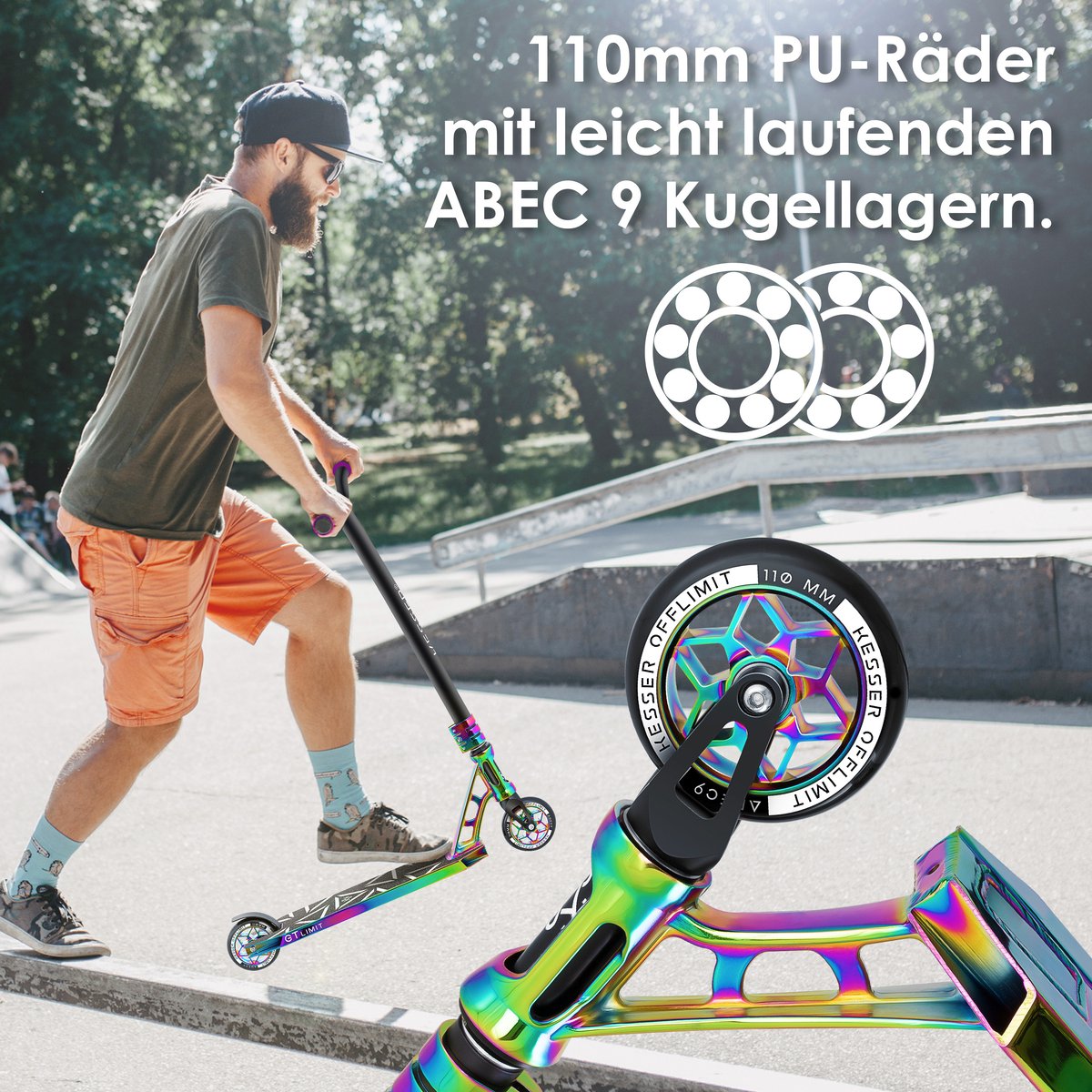 KESSER® Stuntstep GT-Limit 360° voor Volwassenen en Kinderen - Step met Standaard ABEC 9 Kogellagers, 110 mm PU Wielen Stunt Scooter - Regenboog