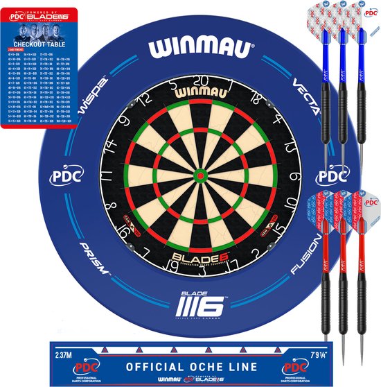 Winmau dartbord surroundset met dartbord, 6 darts (3 rood, 3 blauw),checkout table en een oche lijn marker.