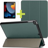 iMoshion Trifold Tablet Hoes & Screenprotector Gehard Glas Geschikt Apple iPad 9 (2021) 9e generatie / iPad 8 (2020) 8e generatie / iPad 7 (2019) 7e generatie tablethoes - Donkergroen