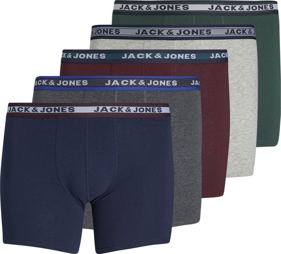 Set van vijf Jack & Jones boxershorts in navy, bordeaux, groen, grijs en lichtgrijs met logo-elastiek.