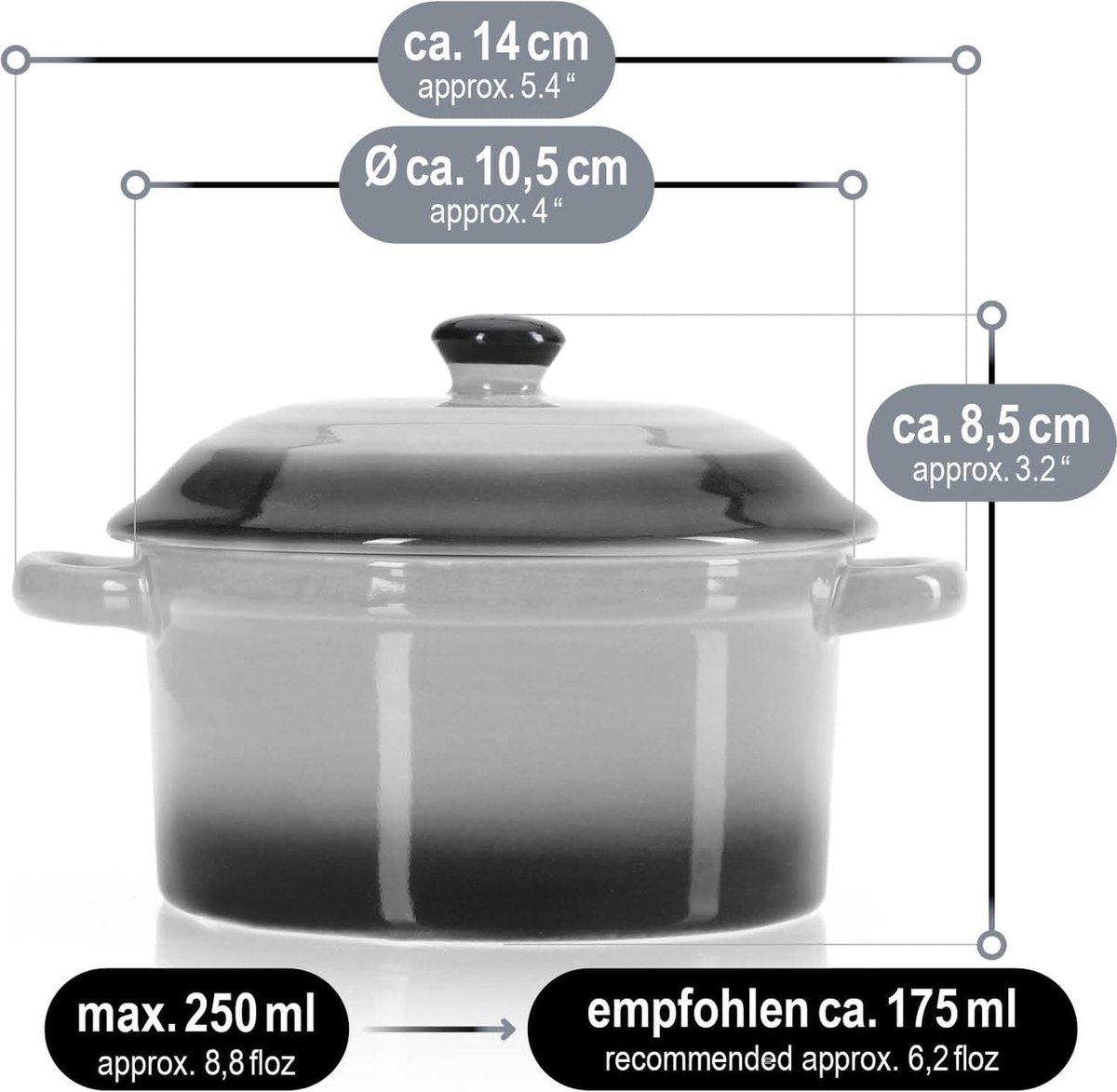 Lot de 6 Mini Cocottes Noires Céramique Double Poignées avec Couvercle 13,5cm x 8cm Contenance