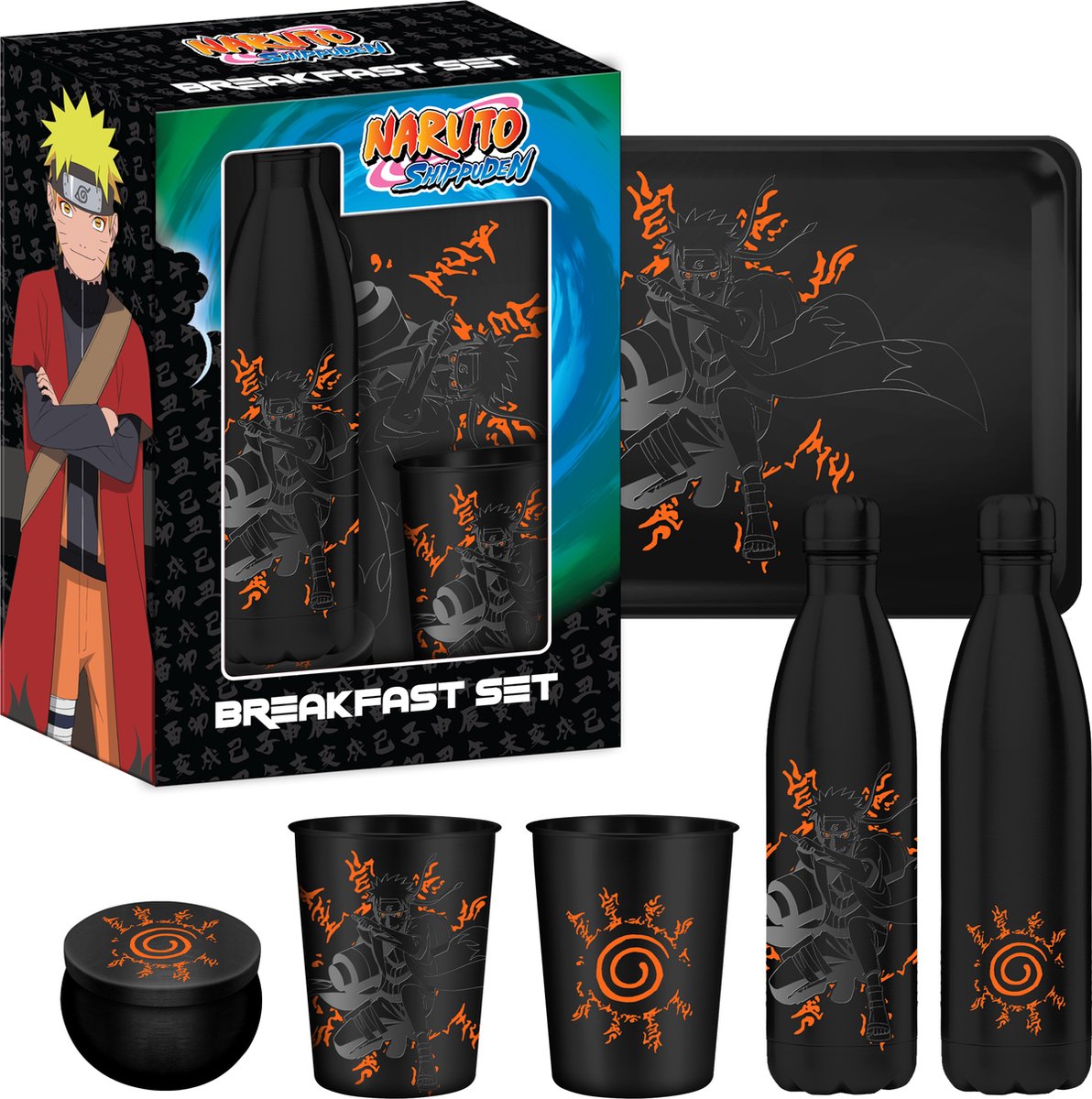 Naruto Shippûden - Geschenkset (Kyubi Zegel): 500 ML geïsoleerde metalen waterfles, mok en onderzetter