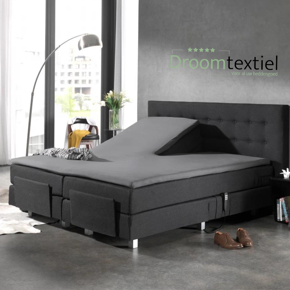 Droomtextiel Splitopper Hoeslaken Grijs - 160x200 cm - Katoen - Single Split - Hoogwaardige Kwaliteit -