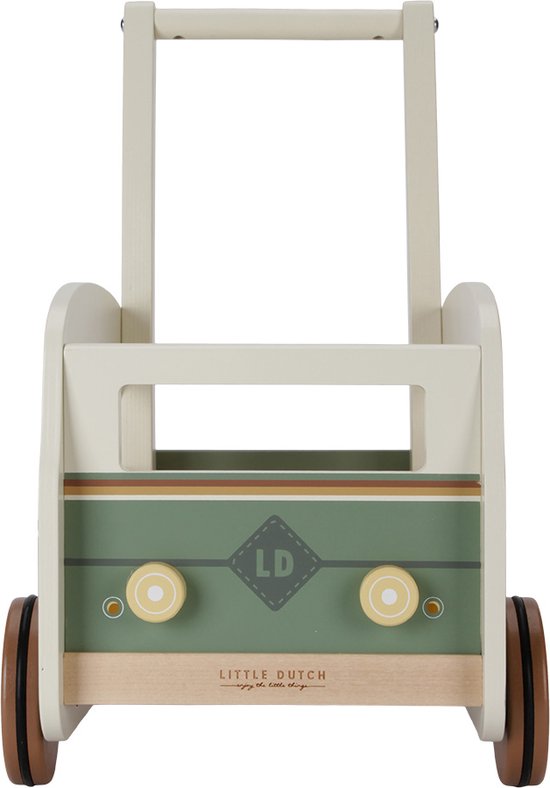 Groene en beige houten loopwagen met ronde wielen, voorkant.
