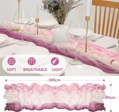 2 stuks chiffon tafellopers, boho-stijl, batik-plissé tafelkleed, lange doorschijnende tafelvlag voor bruiloftsfeest, prieel, decoratie, keuken, vakantie, feest, roze, 90 x 300 cm