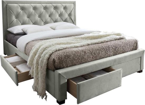 Bed met lades 140 x 200 cm - Stof van champagnekleurig velours - LEOPOLD L 142.5 cm x H 122.2 cm x D 216.5 cm