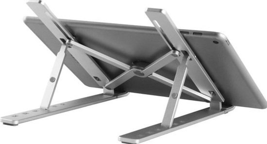 Zilverkleurige laptopstandaard met tablet, van achteren gezien, verstelbaar.