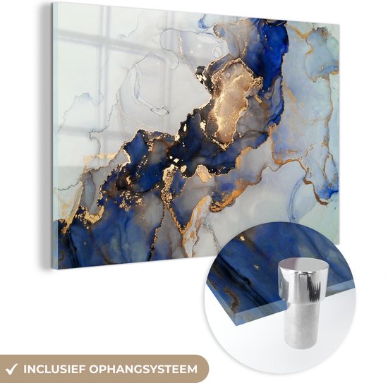 MuchoWow® Glasschilderij 30x20 cm - Schilderij acrylglas - Marmer - Blauw - Goud - Foto op glas - Schilderijen