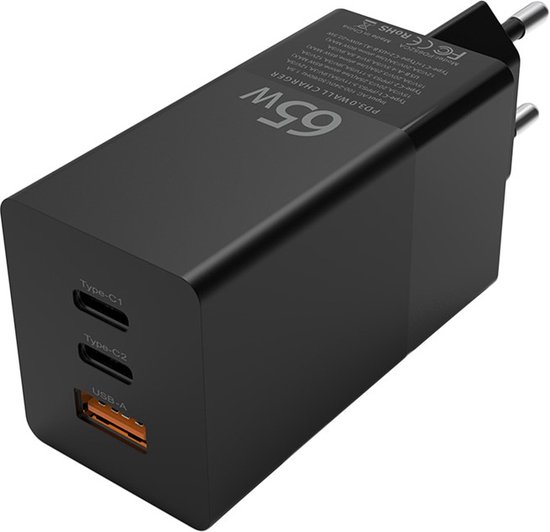 DrPhone HALO DX - GaN 65W Lader - 3 Poorten Laptop / Tablet / Smartphone Oplader - USB & 2X USB C PD 3.0 Oplader - Zwart van DrPhone — afbeelding 2