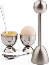 Eierscheider Topper Set voor zachtgekookte eieren, Roestvrijstalen schilverwijderaar, Inclusief 2 eierdopjes, 2 lepels, 1 cakemes.