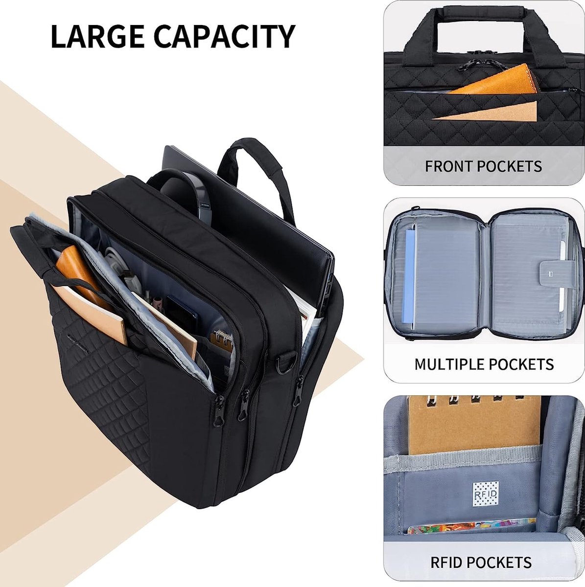 bagasin 15 15,6 inch laptop computer pc schoudertas draagtas, waterafstotende stof aktetas, lichtgewicht toploader, zakelijk casual of school, Zwart