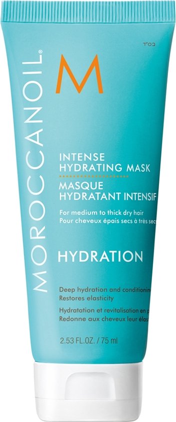Moroccanoil Intense Hydrating Mask tube. Turquoise met oranje M-logo en witte tekst. 75 ml.