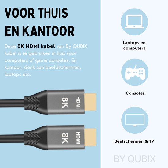 Twee HDMI 2.1 kabels met '8K HDMI' op de connectoren. Geschikt voor laptops, consoles en TV's.