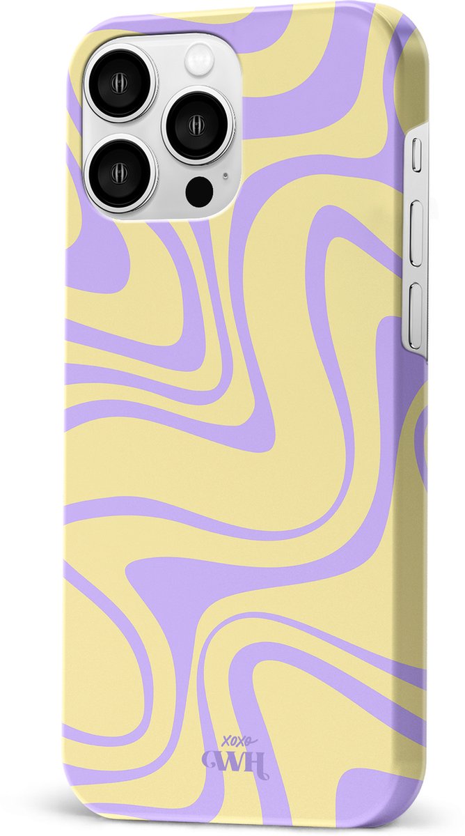 Sunny Side Up - Double Layer - Hard hoesje geschikt voor iPhone 15 Pro case - Siliconen hoesje iPhone met golven print - Cover geschikt voor iPhone 15 Pro beschermhoesje geel, paars
