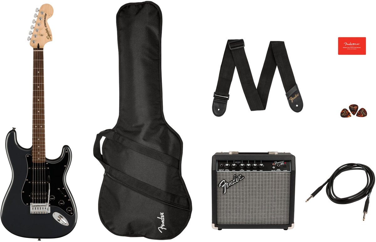 Squier Affinity Series Stratocaster HSS Pack IL Charcoal Frost Metallic starterset elektrische gitaar