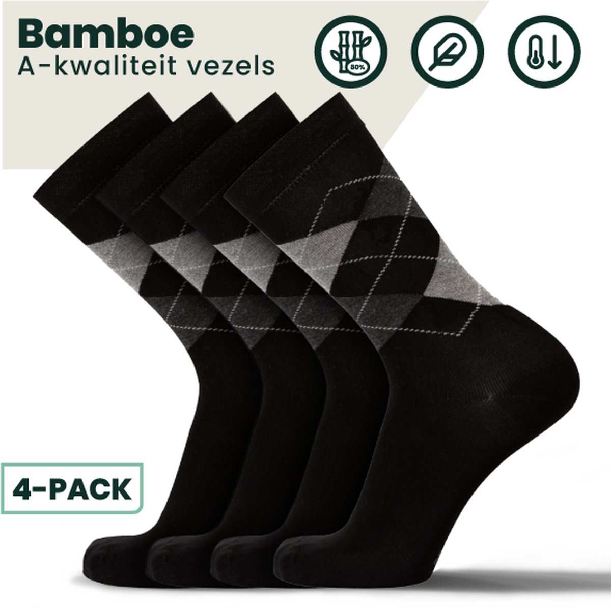 Bamboe Sokken | Geruite Sokken | Anti-zweet Sokken | Naadloze Sokken | Heren Sokken | Dames Sokken | 4 Paar - Zwart | Maat: 43-45 | Merk: Bamboosa