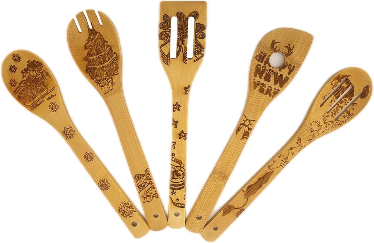 Houten kerstlepels voor kookgerei set 5 stuks magische patroon verbrande houten spatels keukengereiset voor keukeninrichting nachtmerrie voor Kerstmis cadeaus voor fans en vrienden