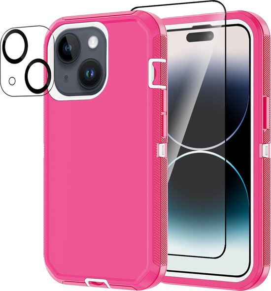 Foto: Heavy duty iphone 15 case met screen protector en lens protector roze dustproof shockproof telefoonhoes cover bestaande uit 3 lagen inclusief schermbeschermer en lensbeschermer geschikt voor apple iphone 15