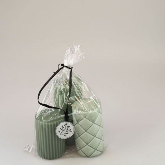 Branded By - Cadeau giftset- Set/ 3 stompkaarsen - Sea Green met patroon - 9 / 11 / 14cm