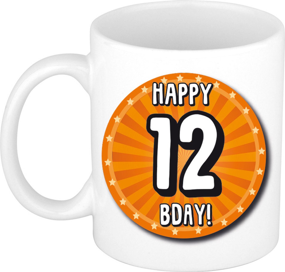 Bellatio Decorations Verjaardag cadeau mok 12 jaar - oranje - wiel - 300 ml - keramiek