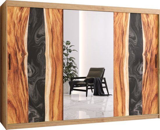 Zweefdeurkast met spiegel Kledingkast met 3 schuifdeuren Garderobekast slaapkamerkast Kledingstang met planken (LxHxP): 250x200x60 cm - Natural II (Artisan, 250)