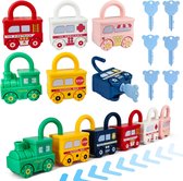 Montessori Autospeelgoed met slotsleutel - 6x stuks - speelgoed voor kinderen, trein-montage, spelletjes, educatief spel, cadeau voor jongens en meisjes, fijne motoriek, motoriekspeelgoed vanaf 2, 3, 4 jaar
