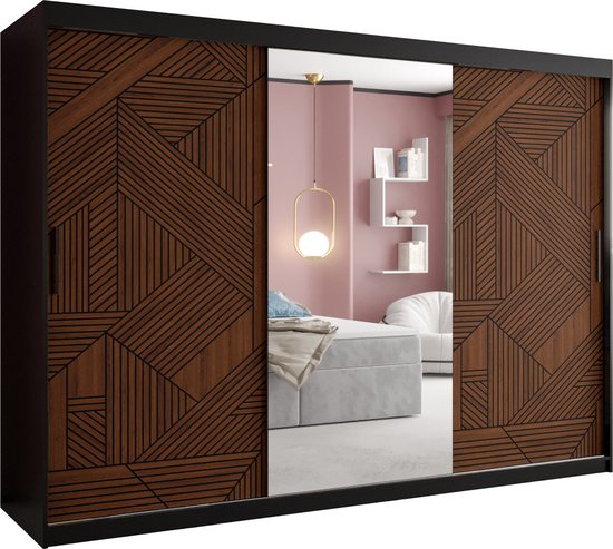 Zweefdeurkast met spiegel Kledingkast met 3 schuifdeuren Garderobekast slaapkamerkast Kledingstang met planken (LxHxP): 250x200x62 cm - MAKARIA II (Zwart houtpatroon + geometrische lijnen, 250)